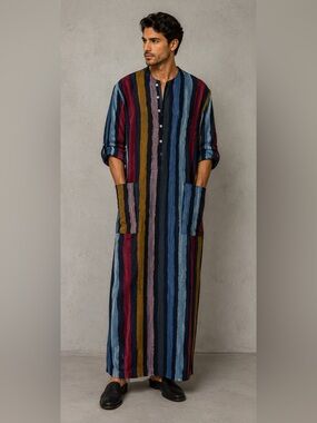 Striped Long Button-Front Maxi Tunic in Multi Colors